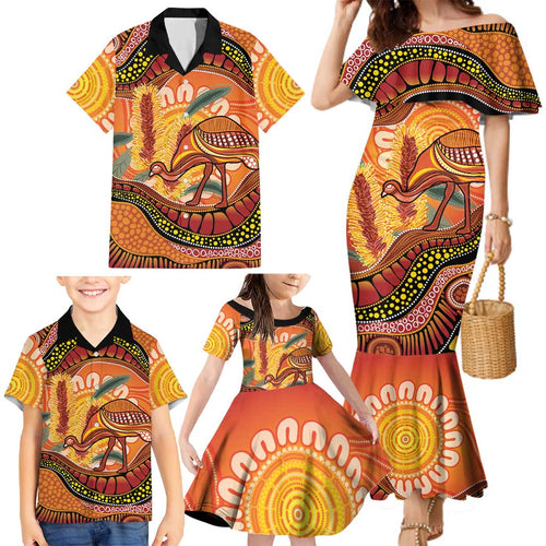 Indigenous Emu Australia Family Matching Mermaid Dress and Hawaiian Shirt Australian Bottlebrushes Aboriginal Art Proud