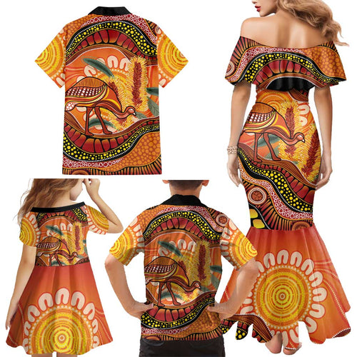 Indigenous Emu Australia Family Matching Mermaid Dress and Hawaiian Shirt Australian Bottlebrushes Aboriginal Art Proud