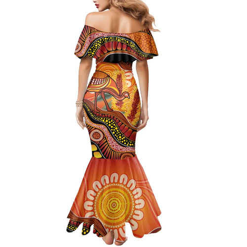 Indigenous Emu Australia Family Matching Mermaid Dress and Hawaiian Shirt Australian Bottlebrushes Aboriginal Art Proud