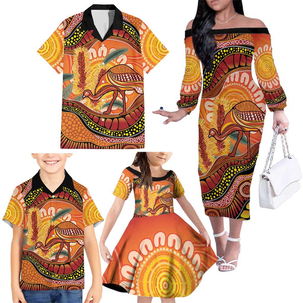 Indigenous Emu Australia Family Matching Off The Shoulder Long Sleeve Dress and Hawaiian Shirt Australian Bottlebrushes Aboriginal Art Proud