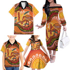 Indigenous Emu Australia Family Matching Off The Shoulder Long Sleeve Dress and Hawaiian Shirt Australian Bottlebrushes Aboriginal Art Proud
