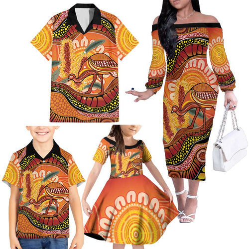 Indigenous Emu Australia Family Matching Off The Shoulder Long Sleeve Dress and Hawaiian Shirt Australian Bottlebrushes Aboriginal Art Proud