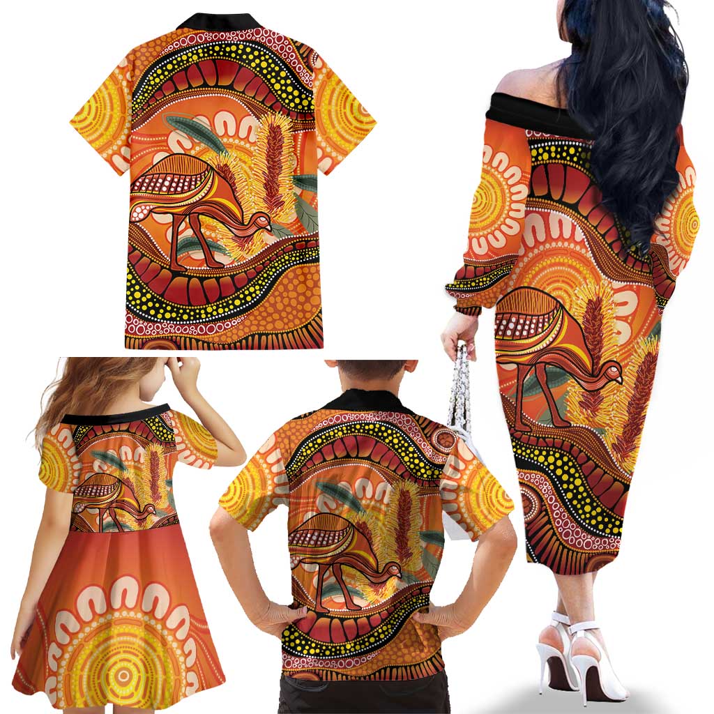 Indigenous Emu Australia Family Matching Off The Shoulder Long Sleeve Dress and Hawaiian Shirt Australian Bottlebrushes Aboriginal Art Proud