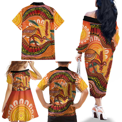 Indigenous Emu Australia Family Matching Off The Shoulder Long Sleeve Dress and Hawaiian Shirt Australian Bottlebrushes Aboriginal Art Proud