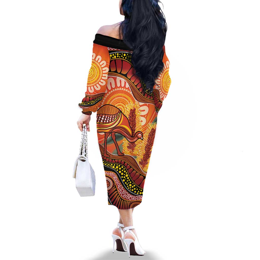 Indigenous Emu Australia Family Matching Off The Shoulder Long Sleeve Dress and Hawaiian Shirt Australian Bottlebrushes Aboriginal Art Proud