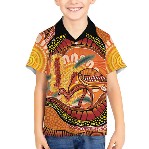 Indigenous Emu Australia Family Matching Off The Shoulder Long Sleeve Dress and Hawaiian Shirt Australian Bottlebrushes Aboriginal Art Proud