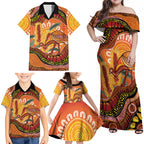 Indigenous Emu Australia Family Matching Off Shoulder Maxi Dress and Hawaiian Shirt Australian Bottlebrushes Aboriginal Art Proud