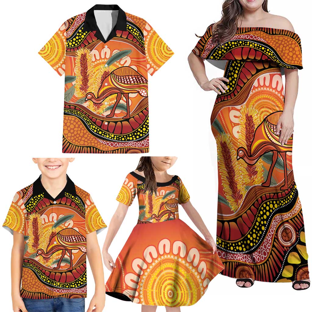 Indigenous Emu Australia Family Matching Off Shoulder Maxi Dress and Hawaiian Shirt Australian Bottlebrushes Aboriginal Art Proud