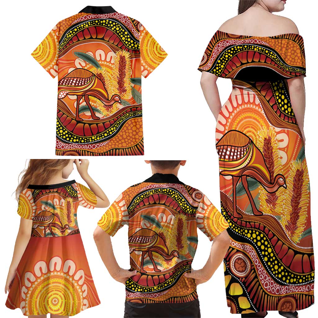 Indigenous Emu Australia Family Matching Off Shoulder Maxi Dress and Hawaiian Shirt Australian Bottlebrushes Aboriginal Art Proud