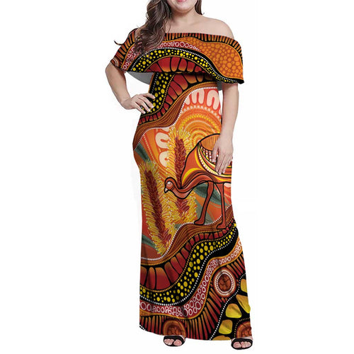 Indigenous Emu Australia Family Matching Off Shoulder Maxi Dress and Hawaiian Shirt Australian Bottlebrushes Aboriginal Art Proud