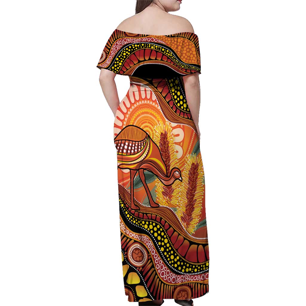 Indigenous Emu Australia Family Matching Off Shoulder Maxi Dress and Hawaiian Shirt Australian Bottlebrushes Aboriginal Art Proud