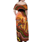 Indigenous Emu Australia Family Matching Off Shoulder Maxi Dress and Hawaiian Shirt Australian Bottlebrushes Aboriginal Art Proud