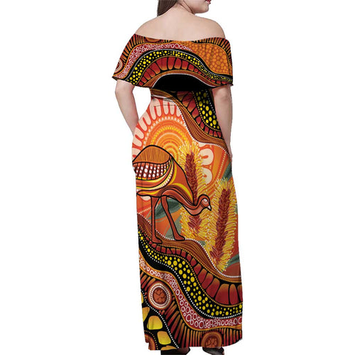 Indigenous Emu Australia Family Matching Off Shoulder Maxi Dress and Hawaiian Shirt Australian Bottlebrushes Aboriginal Art Proud