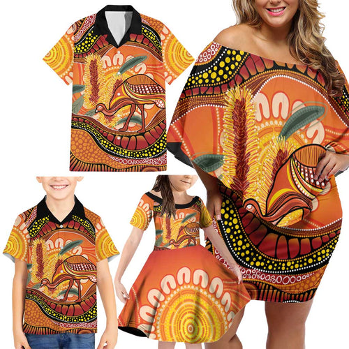 Indigenous Emu Australia Family Matching Off Shoulder Short Dress and Hawaiian Shirt Australian Bottlebrushes Aboriginal Art Proud