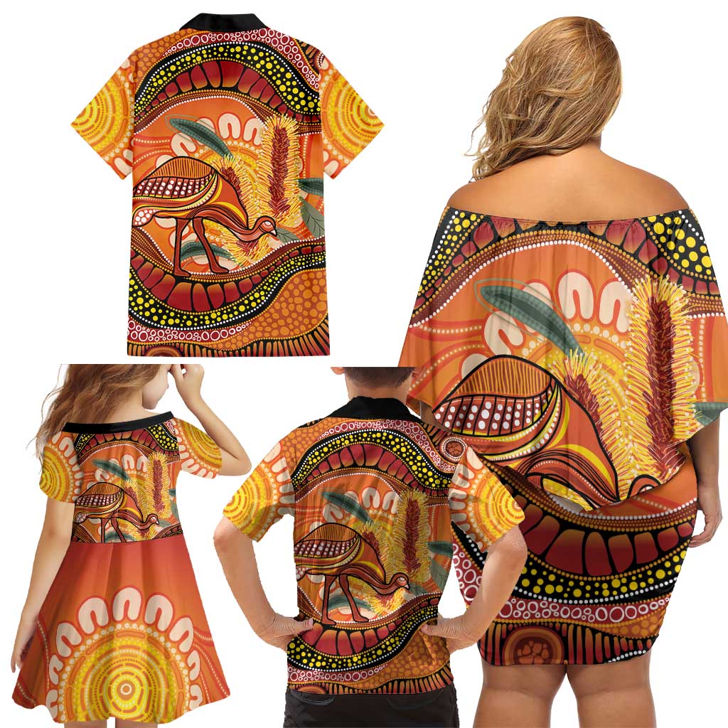 Indigenous Emu Australia Family Matching Off Shoulder Short Dress and Hawaiian Shirt Australian Bottlebrushes Aboriginal Art Proud