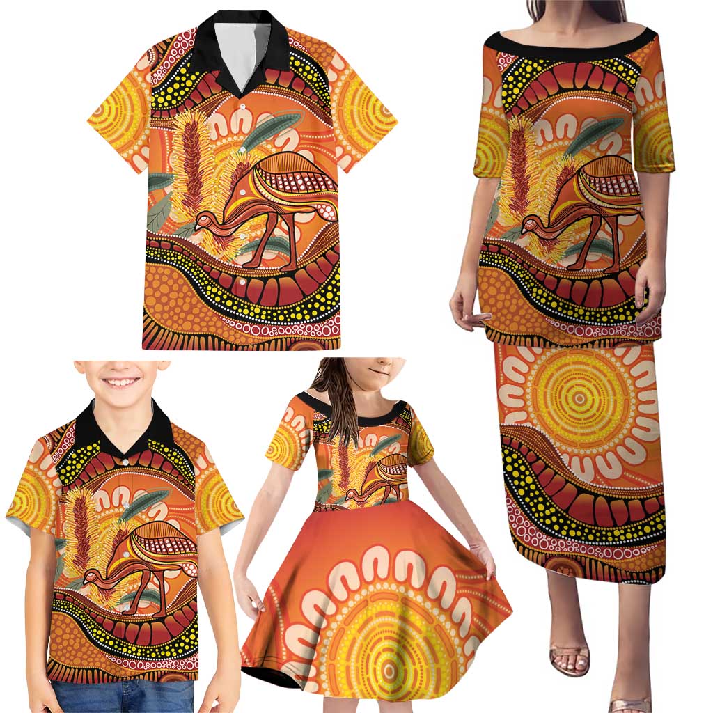 Indigenous Emu Australia Family Matching Puletasi and Hawaiian Shirt Australian Bottlebrushes Aboriginal Art Proud