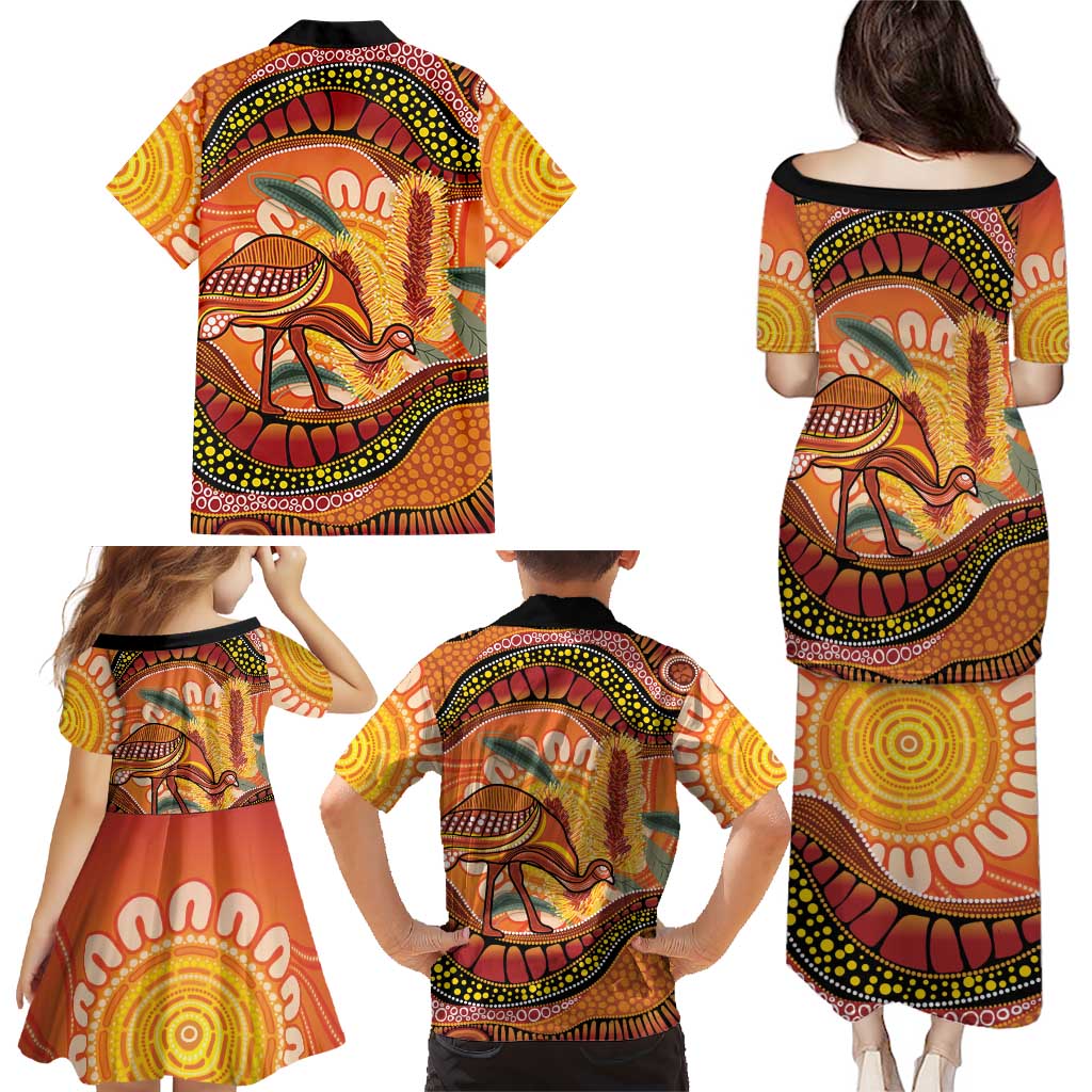 Indigenous Emu Australia Family Matching Puletasi and Hawaiian Shirt Australian Bottlebrushes Aboriginal Art Proud