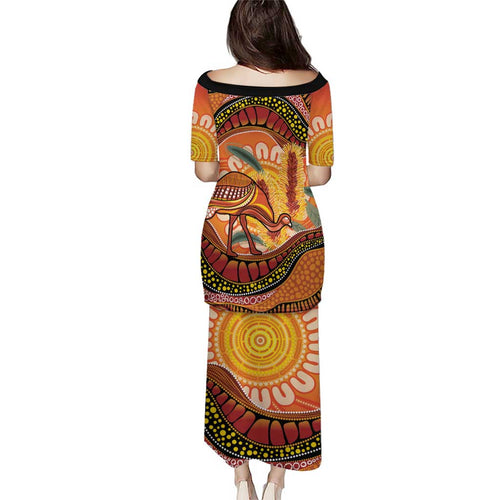 Indigenous Emu Australia Family Matching Puletasi and Hawaiian Shirt Australian Bottlebrushes Aboriginal Art Proud