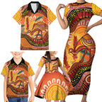 Indigenous Emu Australia Family Matching Short Sleeve Bodycon Dress and Hawaiian Shirt Australian Bottlebrushes Aboriginal Art Proud