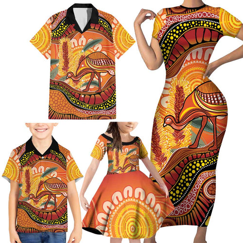 Indigenous Emu Australia Family Matching Short Sleeve Bodycon Dress and Hawaiian Shirt Australian Bottlebrushes Aboriginal Art Proud