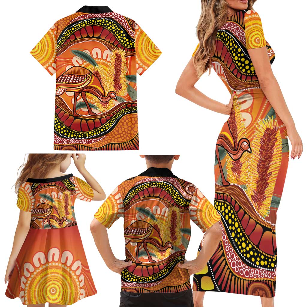 Indigenous Emu Australia Family Matching Short Sleeve Bodycon Dress and Hawaiian Shirt Australian Bottlebrushes Aboriginal Art Proud