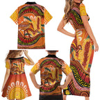 Indigenous Emu Australia Family Matching Short Sleeve Bodycon Dress and Hawaiian Shirt Australian Bottlebrushes Aboriginal Art Proud