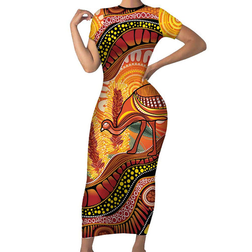 Indigenous Emu Australia Family Matching Short Sleeve Bodycon Dress and Hawaiian Shirt Australian Bottlebrushes Aboriginal Art Proud