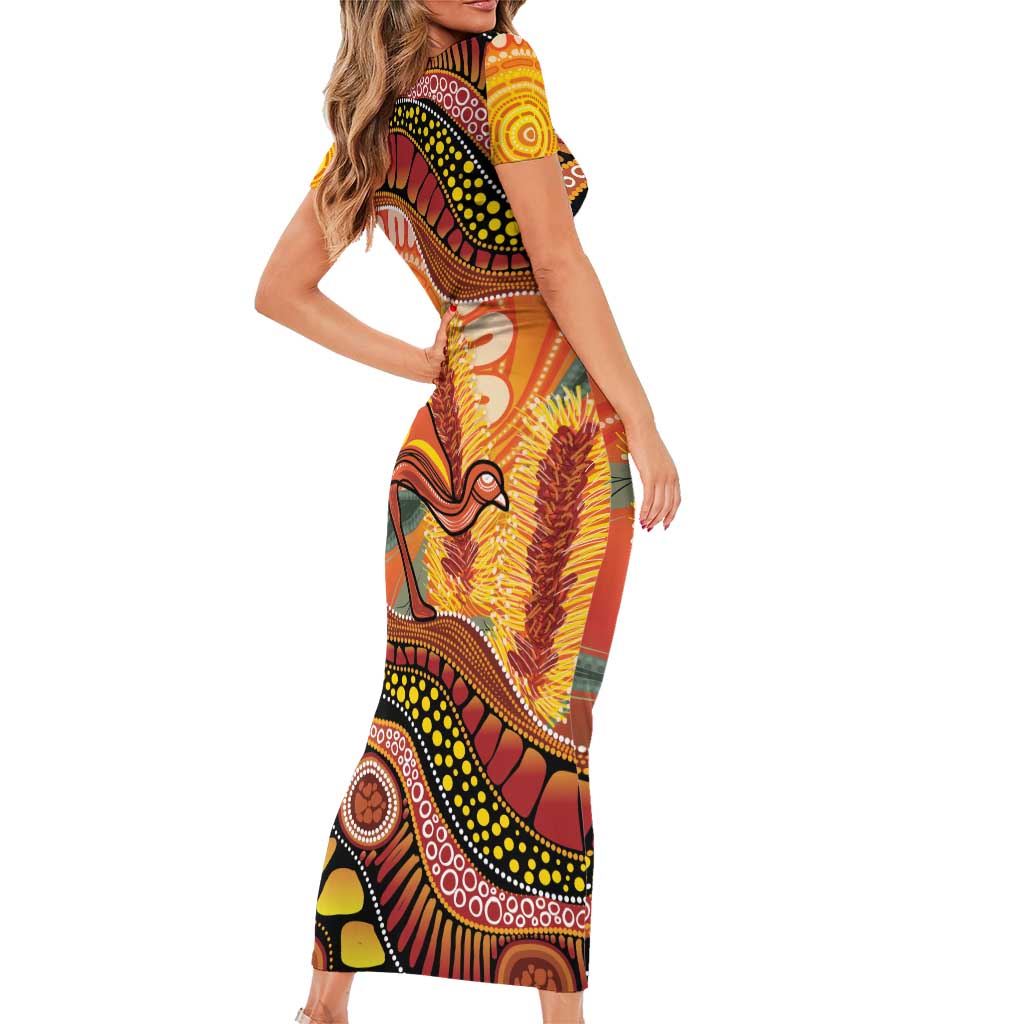 Indigenous Emu Australia Family Matching Short Sleeve Bodycon Dress and Hawaiian Shirt Australian Bottlebrushes Aboriginal Art Proud