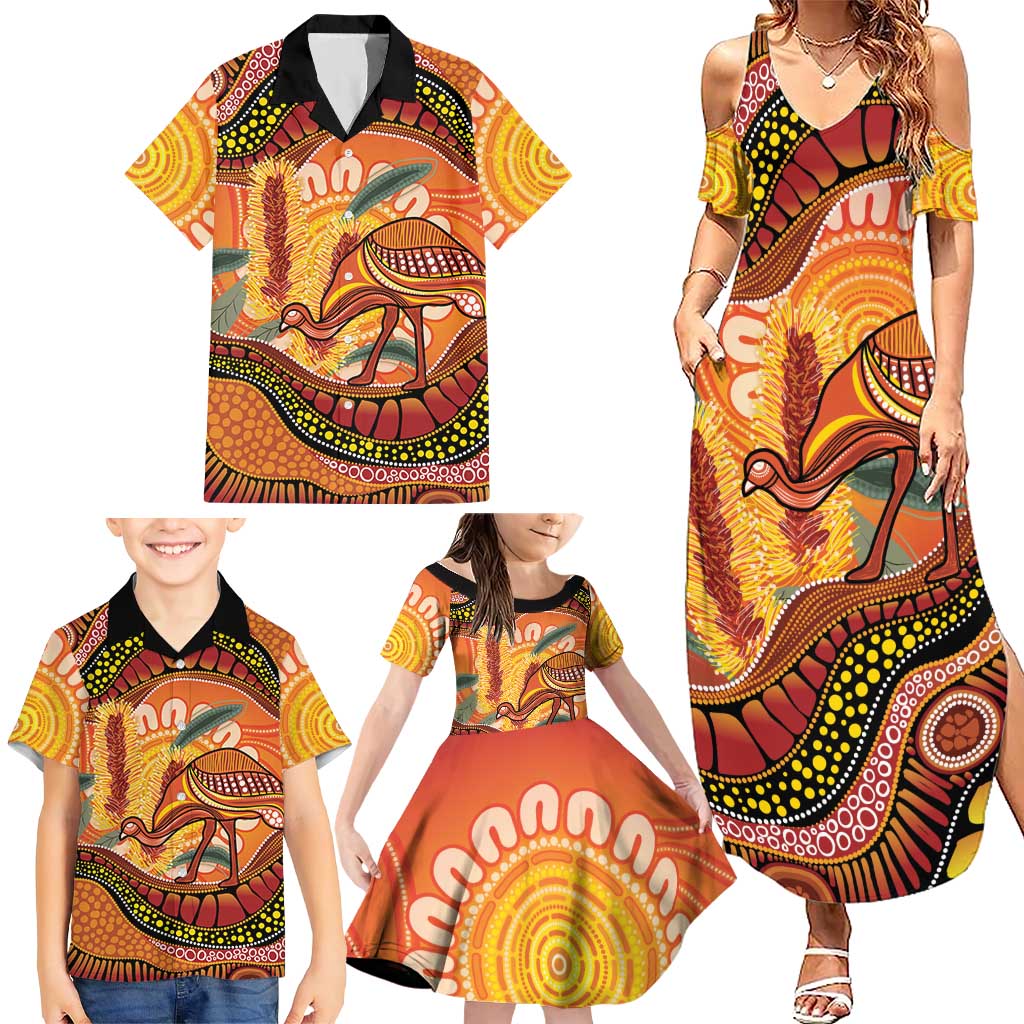 Indigenous Emu Australia Family Matching Summer Maxi Dress and Hawaiian Shirt Australian Bottlebrushes Aboriginal Art Proud