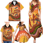 Indigenous Emu Australia Family Matching Summer Maxi Dress and Hawaiian Shirt Australian Bottlebrushes Aboriginal Art Proud