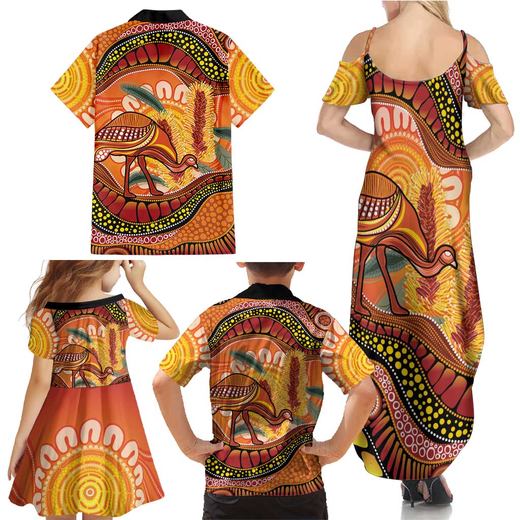 Indigenous Emu Australia Family Matching Summer Maxi Dress and Hawaiian Shirt Australian Bottlebrushes Aboriginal Art Proud