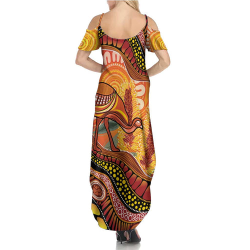 Indigenous Emu Australia Family Matching Summer Maxi Dress and Hawaiian Shirt Australian Bottlebrushes Aboriginal Art Proud