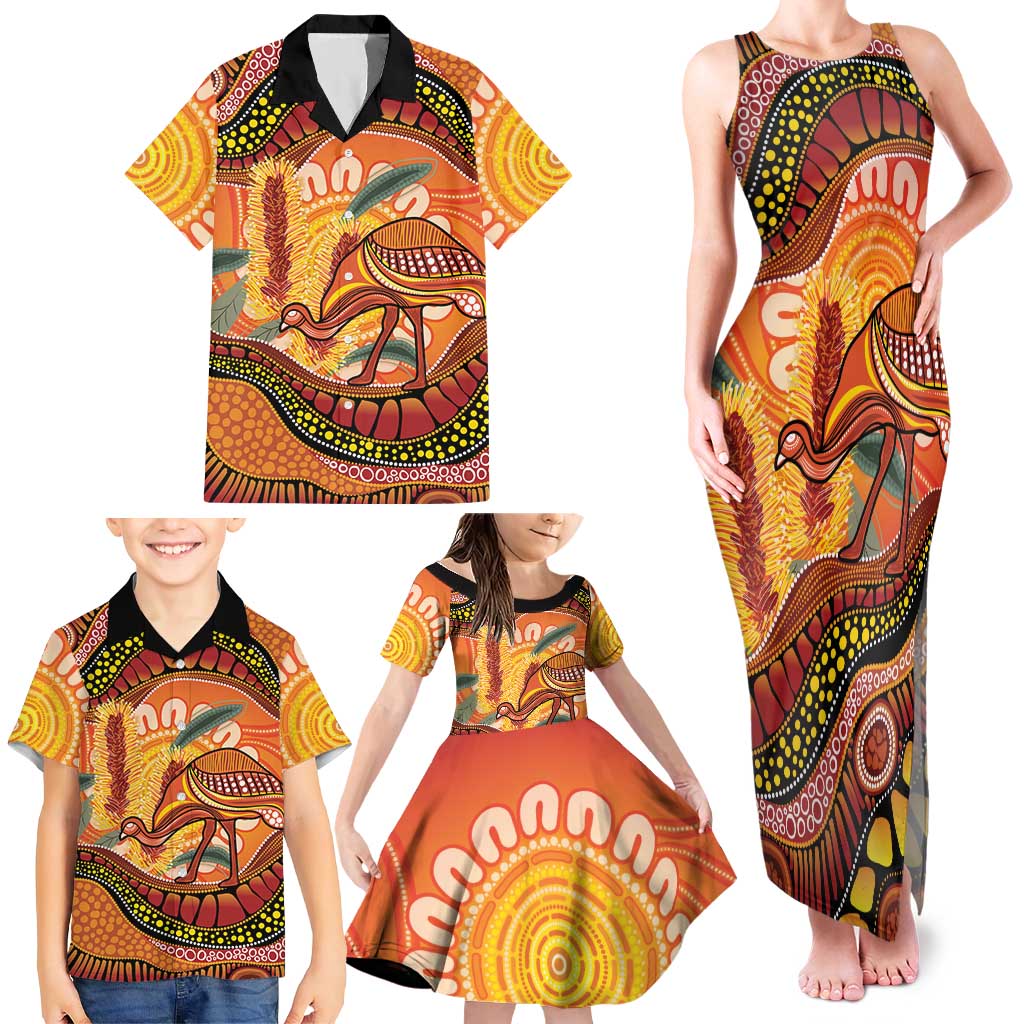 Indigenous Emu Australia Family Matching Tank Maxi Dress and Hawaiian Shirt Australian Bottlebrushes Aboriginal Art Proud