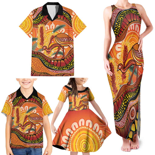 Indigenous Emu Australia Family Matching Tank Maxi Dress and Hawaiian Shirt Australian Bottlebrushes Aboriginal Art Proud