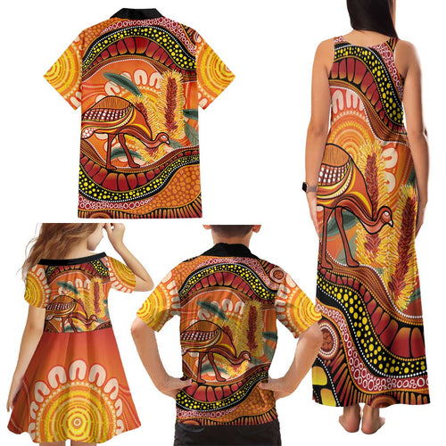 Indigenous Emu Australia Family Matching Tank Maxi Dress and Hawaiian Shirt Australian Bottlebrushes Aboriginal Art Proud