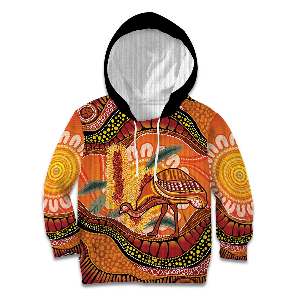 Indigenous Emu Australia Kid Hoodie Australian Bottlebrushes Aboriginal Art Proud
