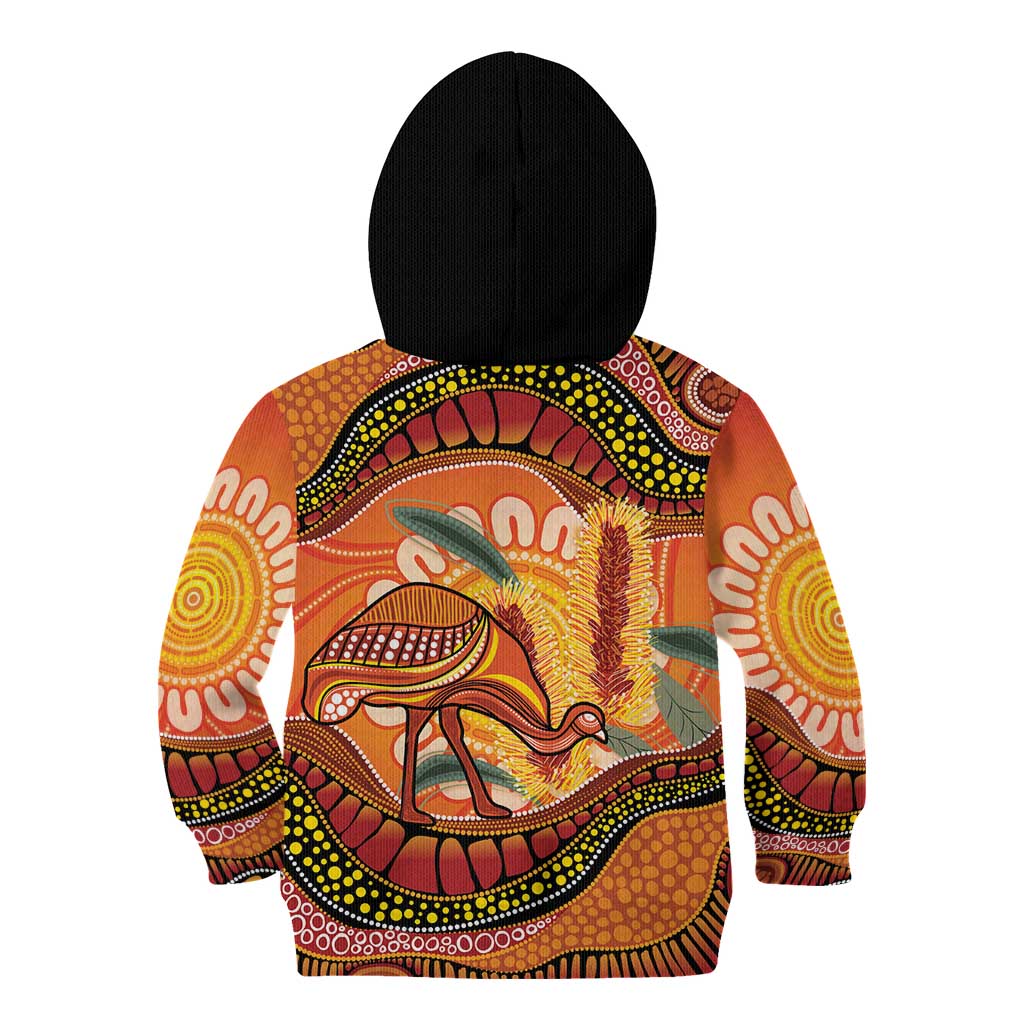 Indigenous Emu Australia Kid Hoodie Australian Bottlebrushes Aboriginal Art Proud