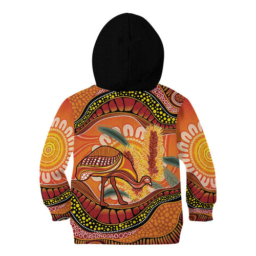 Indigenous Emu Australia Kid Hoodie Australian Bottlebrushes Aboriginal Art Proud