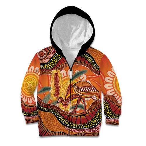 Indigenous Emu Australia Kid Hoodie Australian Bottlebrushes Aboriginal Art Proud