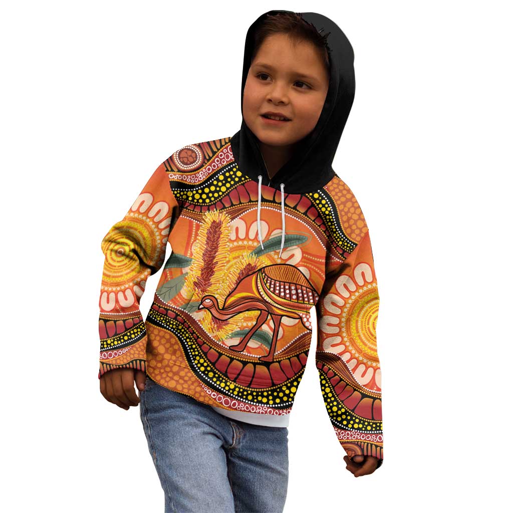 Indigenous Emu Australia Kid Hoodie Australian Bottlebrushes Aboriginal Art Proud
