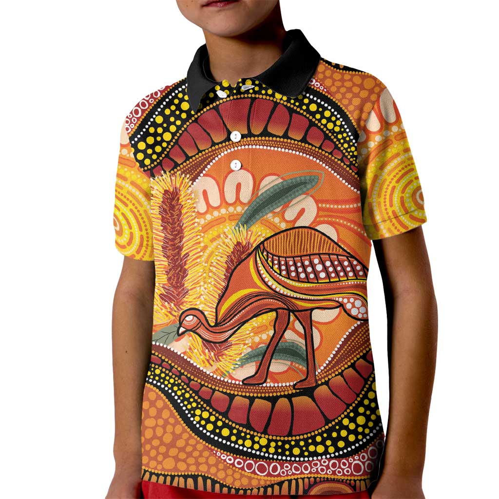 Indigenous Emu Australia Kid Polo Shirt Australian Bottlebrushes Aboriginal Art Proud