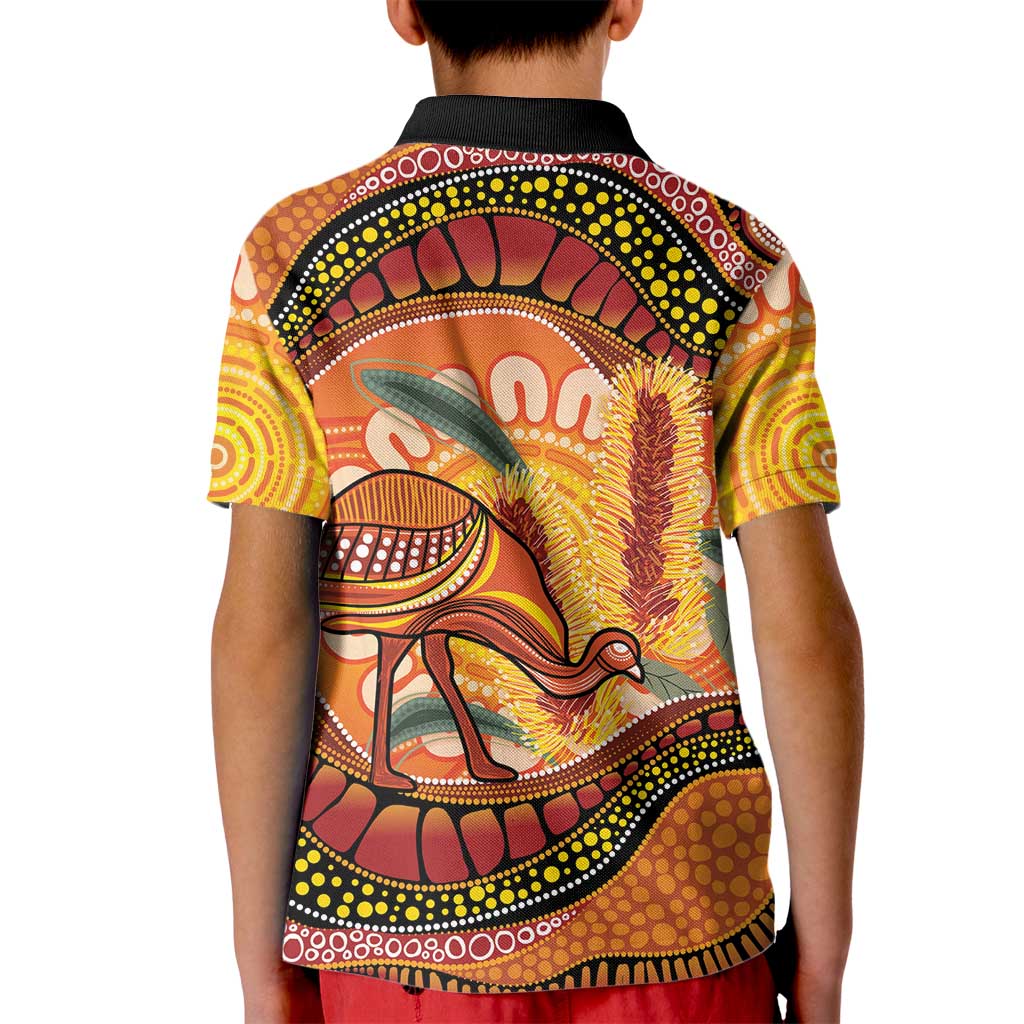 Indigenous Emu Australia Kid Polo Shirt Australian Bottlebrushes Aboriginal Art Proud