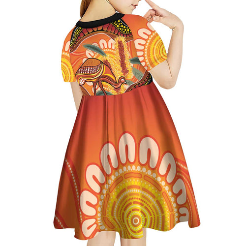 Indigenous Emu Australia Kid Short Sleeve Dress Australian Bottlebrushes Aboriginal Art Proud