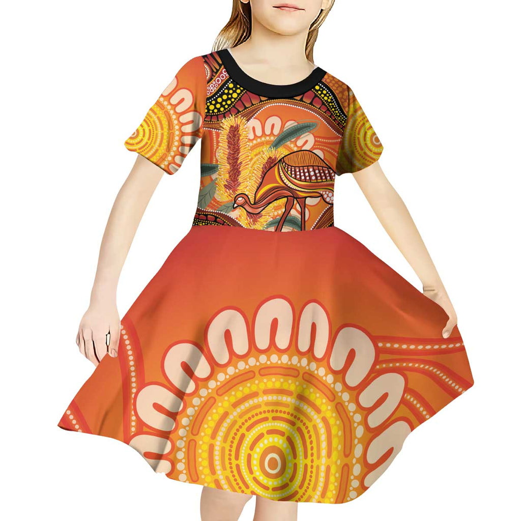 Indigenous Emu Australia Kid Short Sleeve Dress Australian Bottlebrushes Aboriginal Art Proud