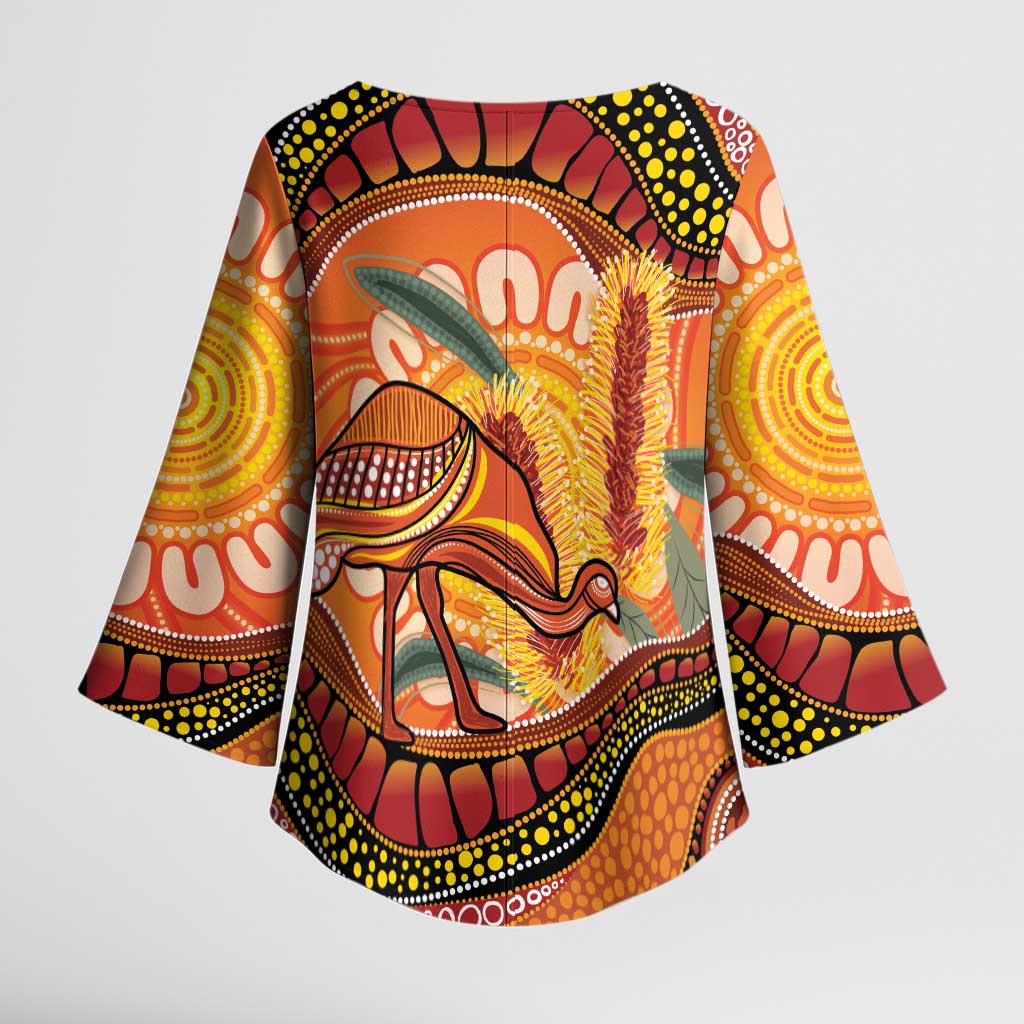 Indigenous Emu Australia Kimono Sleeve Blouse Australian Bottlebrushes Aboriginal Art Proud