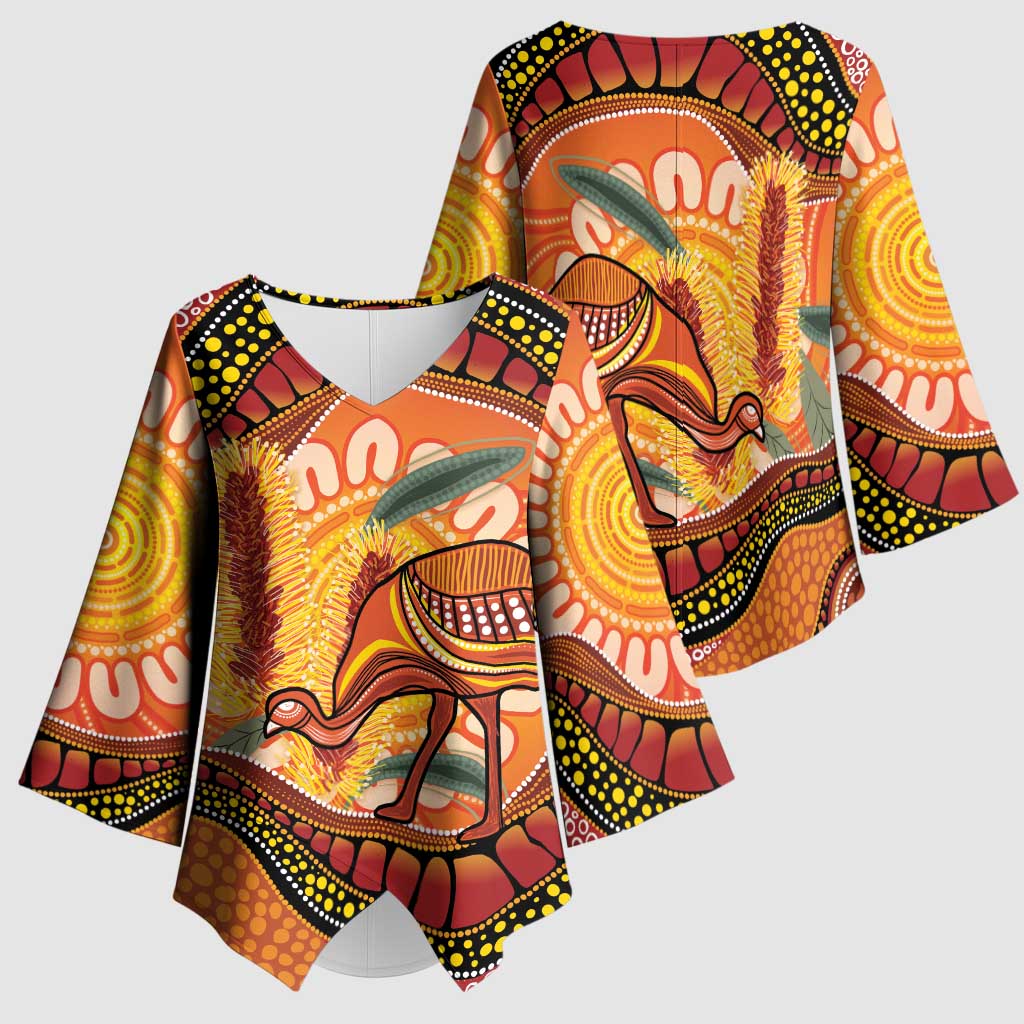 Indigenous Emu Australia Kimono Sleeve Blouse Australian Bottlebrushes Aboriginal Art Proud