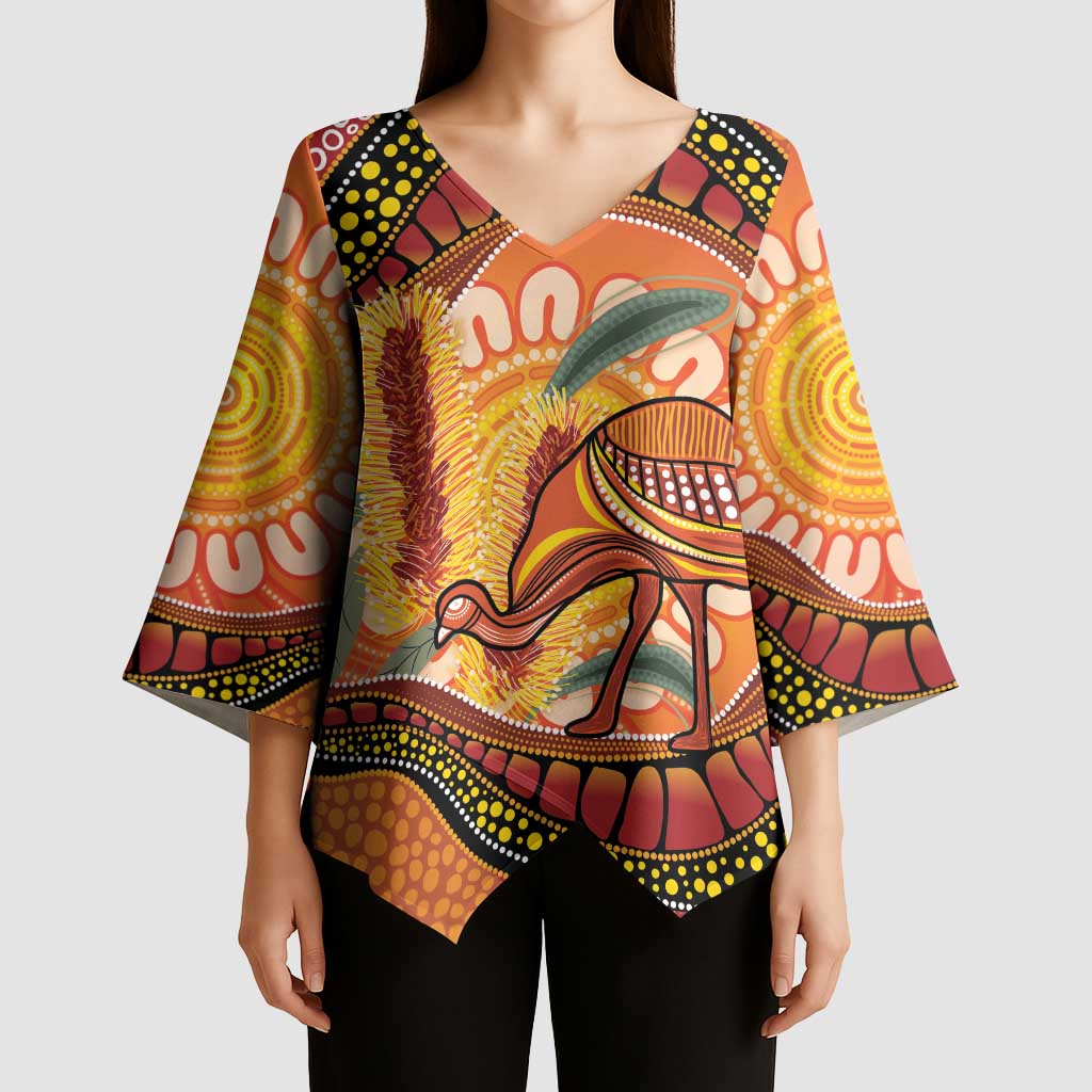 Indigenous Emu Australia Kimono Sleeve Blouse Australian Bottlebrushes Aboriginal Art Proud