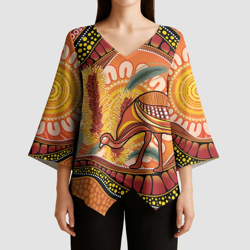 Indigenous Emu Australia Kimono Sleeve Blouse Australian Bottlebrushes Aboriginal Art Proud
