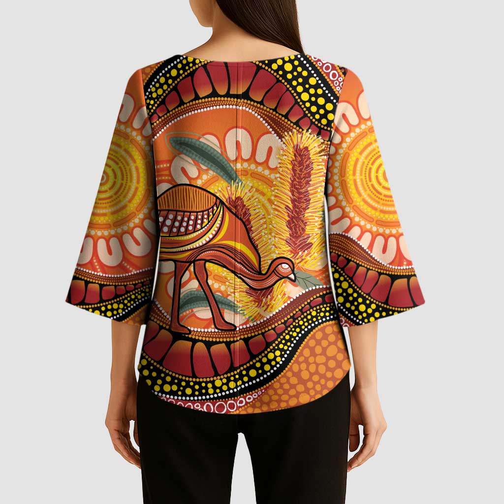 Indigenous Emu Australia Kimono Sleeve Blouse Australian Bottlebrushes Aboriginal Art Proud