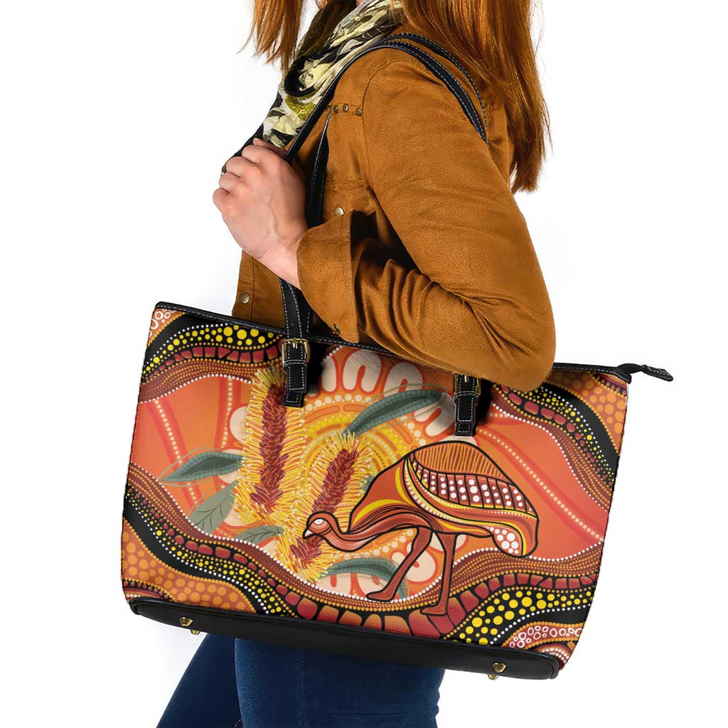 Indigenous Emu Australia Leather Tote Bag Australian Bottlebrushes Aboriginal Art Proud